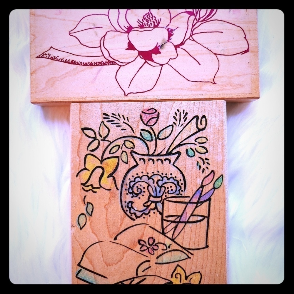 Wood Rubber Stamp Magnolia Floral 2 pcs